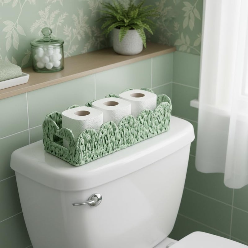 Coeusy Green Toilet Tank Basket,Toilet Paper Storage Basket Bathroom Counter Organizer Wicker Baskets for Organizing,Holds Up to 3 Mega Rolls,Green Decor Bathroom - Image 2